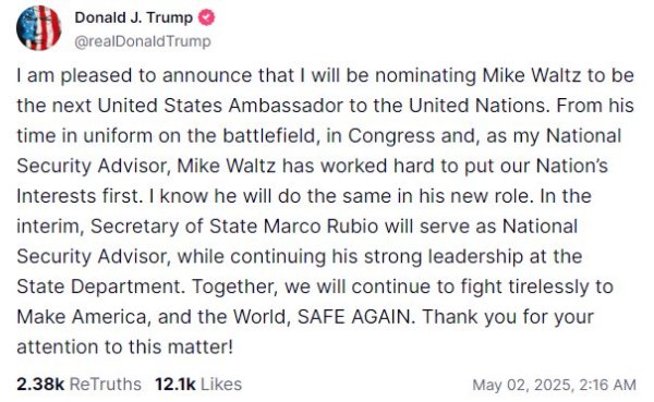 线上股票配资网址 “群聊泄密门”主角沃尔兹离职，被提名为下一任美国驻联合国大使